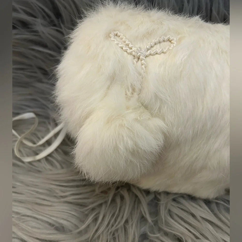 Girls Elegant Vintage White Rabbit Fur Hand muff, Satin lining, 8 inches Long
